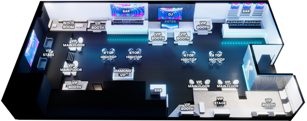 Plano detallado de las mesas VIP del nightclub Famous Karamba en Salt Lake City. / Detailed floor plan of the VIP tables at Famous Karamba nightclub in Salt Lake City.